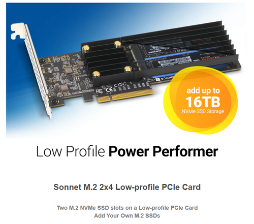 Sonnet Low-profile PCIe Card with Two M.2 NVMe SSD slots - add up to 16TB SSD Sonnet Low-profile PCIe Card with Two M.2 NVMe SSD slots - add up to 16TB SSD